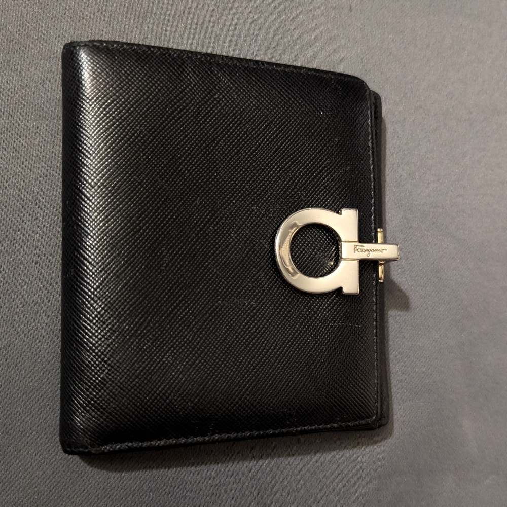 Salvatore Ferragamo Black Wallet with Silver Clasp W/COA